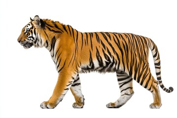 Obraz premium Majestic Tiger in Motion: Side View Photography on a White Background