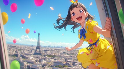 Joyful anime girl in yellow dress looks out window at Eiffel Tower and colorful balloons floating in Parisian sky.