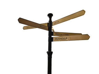 Standing directional signpost with multiple arrows pointing toward various destinations, offering guidance in a picturesque outdoor setting on a transparent or white background