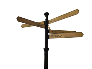 Standing directional signpost with multiple arrows pointing toward various destinations, offering guidance in a picturesque outdoor setting on a transparent or white background