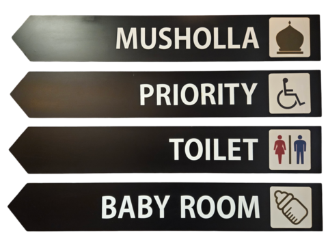 Informative signage with arrows directing to the prayer room, priority area, toilets, and baby room for easy navigation on a transparent or white background
