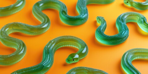 Fototapeta premium Green gummy snake candy on orange background