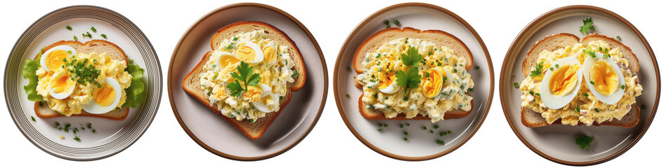 A slice of toasted bread with egg salad on a plate, top view