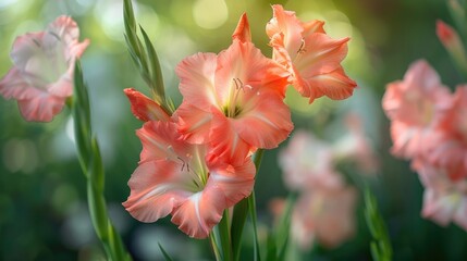 Pink gladiolus flowers blooming in sunlight