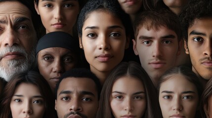 A collection of diverse faces from different ethnicities and ages, symbolizing the diversity and richness of human expressions, minimalistic photography style