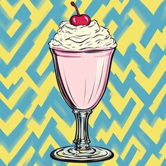 A vibrant pop art illustration of a strawberry milkshake in a stemmed glass, topped with whipped cream and a cherry, set against a bold yellow and teal chevron background.