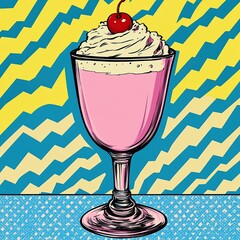 Delicious strawberry milkshake in a retro pop art style, featuring whipped cream and a cherry on top. Vibrant colors and bold lines.