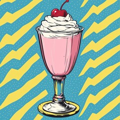 Delicious strawberry milkshake with whipped cream and a cherry on top, illustrated in a vibrant retro pop art style against a dynamic yellow and teal background.
