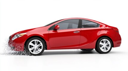 Red sedan on a white background showcasing its sleek design and modern features with playful splashes of water