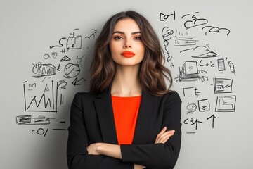 Fototapeta premium Professional woman in formal attire stands confidently against a backdrop of business graphics and sketches in a modern workspace