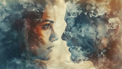 Surreal Portrait of Couple Staring at Each Other in Abstract Dreamy Environment