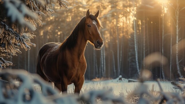 Brown horse standing in snowy forest at sunset