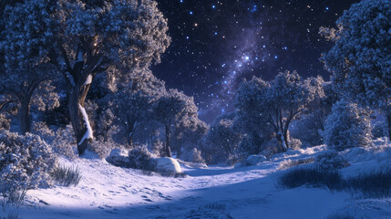 Fairy forest covered with snow in a moon light. Milky way in a starry sky. Christmas and New Year winter night.