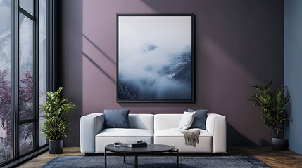 Frame mockup on a dark purple wall in a modern minimalist living room, artistic decor