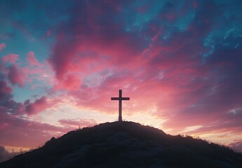 Fototapeta premium Sunset Cross: A Cinematic Easter Landscape with Sacred Symbolism