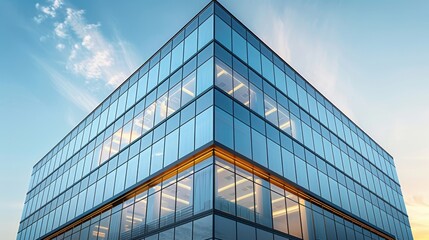 Modern Glass Office Building at Sunset with Reflective Windows and Soft Sky