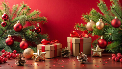 Festive Christmas gifts with ornaments and pine branches on red background.
