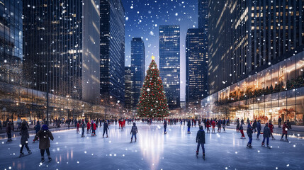 Vibrant winter city scene with a towering Christmas tree, bustling skaters, and falling snow framed by tall buildings.