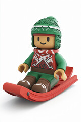3D Christmas Character Riding Festive Red Green Sled Wearing Santa Hat Holly Decoration Winter Fun Holiday Scene White Background render Sledding family clipart playful game design streaming toy block