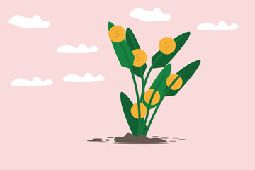 Growing money plant seedling with coin flower. Financial and investment growth concept vector illustration design background