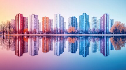 Obraz premium A compelling visual of a vibrant, multi-colored cityscape reflected in a calm lake, with diverse architectural styles represented