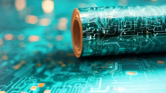 Close-up of a rolled circuit board on a vibrant electronic background.