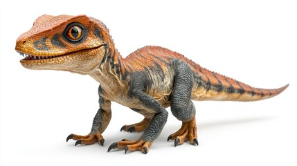Obraz premium A detailed toy dinosaur figurine resembling a raptor, showcasing vibrant colors and textures.