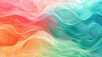 Fototapeta premium A colorful abstract pattern with flowing waves of turquoise, coral, and lime green blending seamlessly. Delicate highlights and textures add depth and a playful, vibrant aesthetic. The energetic 