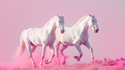 Obraz premium White horses running through pink grass