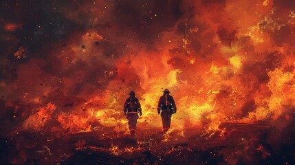 Fototapeta premium Firefighters battling blaze amidst fiery inferno
