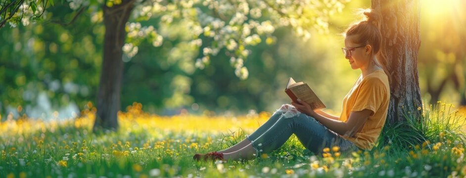 Woman reading a book in a spring garden - Powered by Adobe
