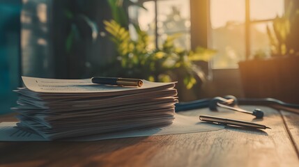 Fototapeta premium Medical documentation meticulously arranged on a desk, symbolizing the precision and dedication required in healthcare, emphasizing the importance of accurate records and patient care.