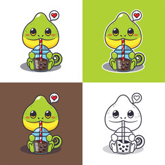 Fototapeta premium cute chameleon drink bubble milk tea cartoon drawing