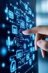 A hand is pointing at a computer screen with a blue background
