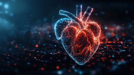 Abstract Digital Heart Model Depicting Connection Between Technology and Human Emotion in Vibrant Colors, Symbolizing Health and Innovation in the Modern Age