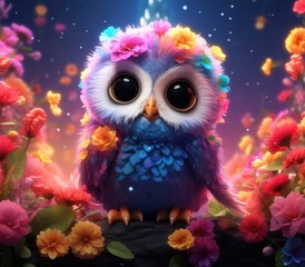 Fototapeta premium Cute cartoon owl in a clearing in beautiful flowers.