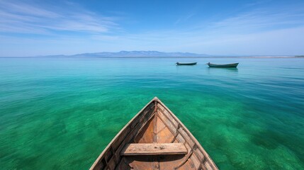 Obraz premium Tranquil Seascape with Wooden Boat in Calm Blue Waters and Scenic Horizon Under Clear Sky Capturing Nature's Serenity and Beauty