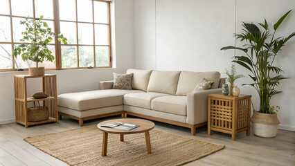 Fototapeta premium modern living room with sofa.Serene Japandi-Style Living Room with Natural Decor, Woven Rug, and Minimalist Wooden Furniture