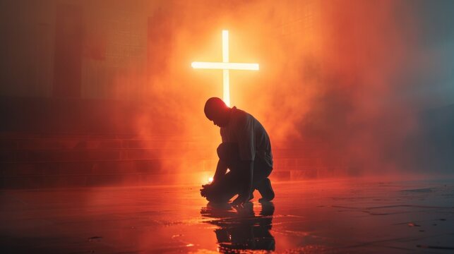 Silhouette of a person praying at sunset with a cross in the background