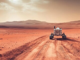 Futuristic Mars Rover Exploring the Red Planet Landscape with Dusty Terrain and Mysterious Mountains in the Background