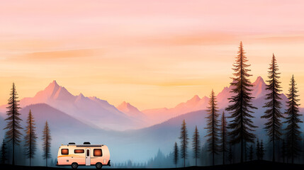 Realistic 3D illustration of a camping car near a mountain range with a picnic setup under colorful lights