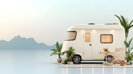 Realistic 3D illustration of a camping car near a mountain range with a picnic setup under colorful lights