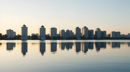 Fototapeta premium A tranquil skyline at dawn, showcasing tall buildings reflected in calm water, creating a serene urban landscape.