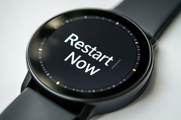 Close-up of a modern smartwatch display showing a prompt to restart with the words "Restart Now" on a sleek, stylish background ideal for technology and gadget-related content