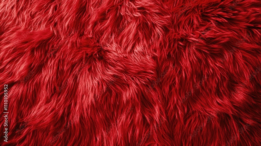 Poster a close-up of vibrant red shaggy texture, resembling faux fur or carpet, creating a soft and invitin