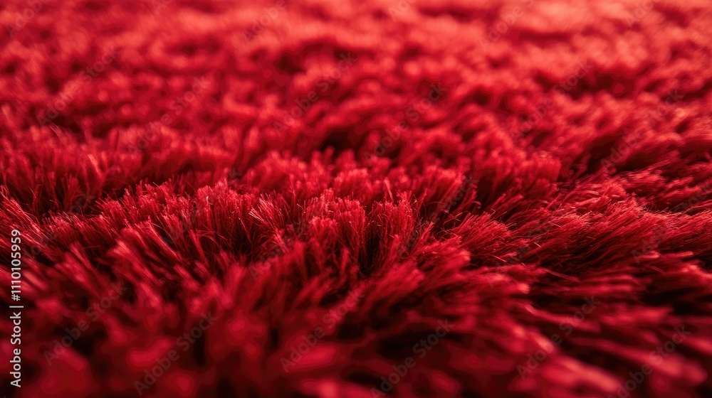 Poster a close-up of vibrant red shaggy texture, resembling faux fur or carpet, creating a soft and invitin