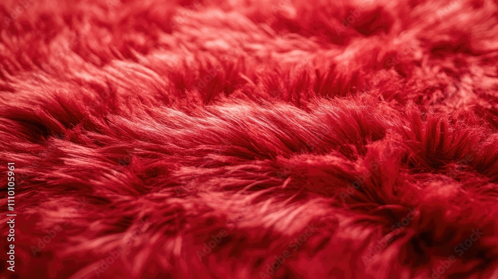 Poster a close-up of vibrant red shaggy texture, resembling faux fur or carpet, creating a soft and invitin