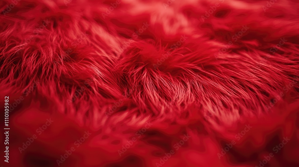 Poster a close-up of vibrant red shaggy texture, resembling faux fur or carpet, creating a soft and invitin