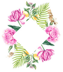 Watercolor floral frame with gold. Floral frame with lemons, tulips and peonies. Blooming frame for invitations, cards, printed products and packaging