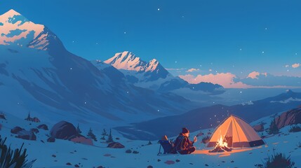 Scenic camping with mountains, tents, and campfire in lofi style, creating a peaceful evening vibe
